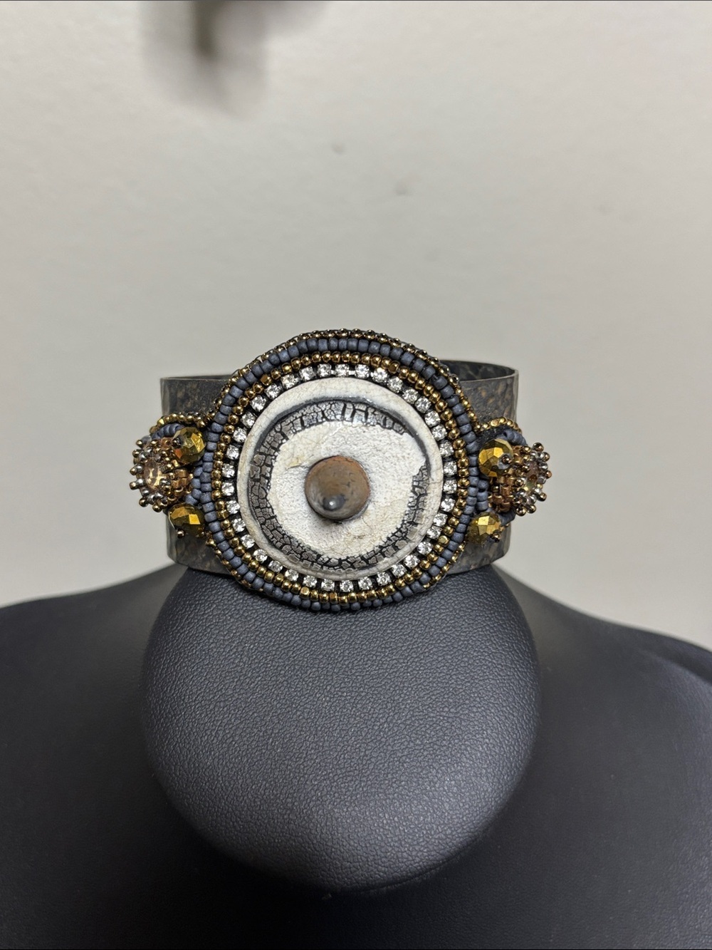 Brutalist Handcrafted Multicolor Beaded Leather Cuff Spike Brass Bracelet
